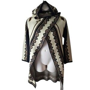 NWT II Sisters black cream gold yellow wrap front long cardigan sweater size S/M